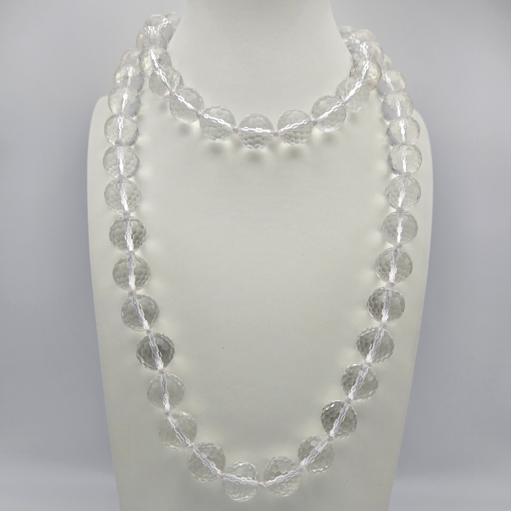 Clear Rock Crystal Necklace 36" Beaded Faceted Vintage Vtg Long Hand Knotted